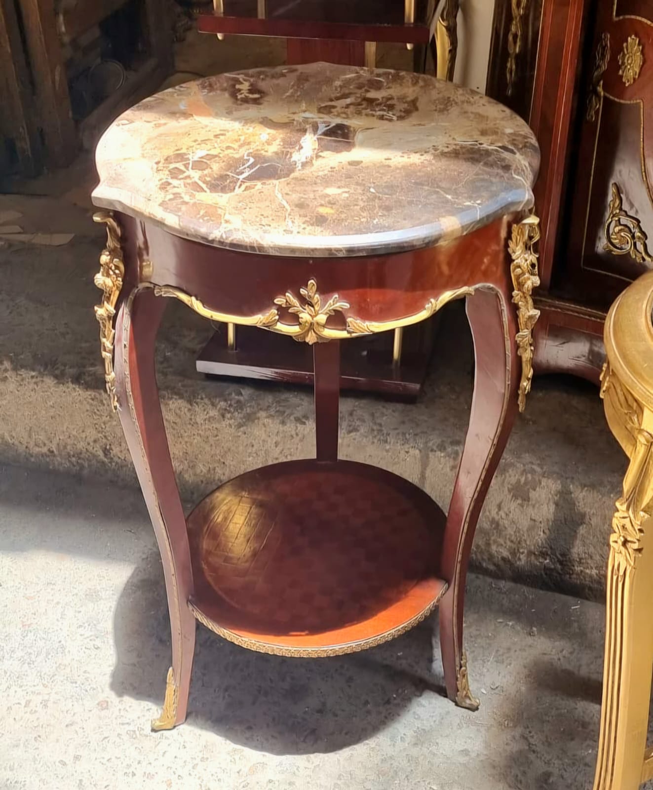 French Louis XVI Accent Table – Marble Top, Cane Shelf & Hand-Gilded Gold Leaf Details