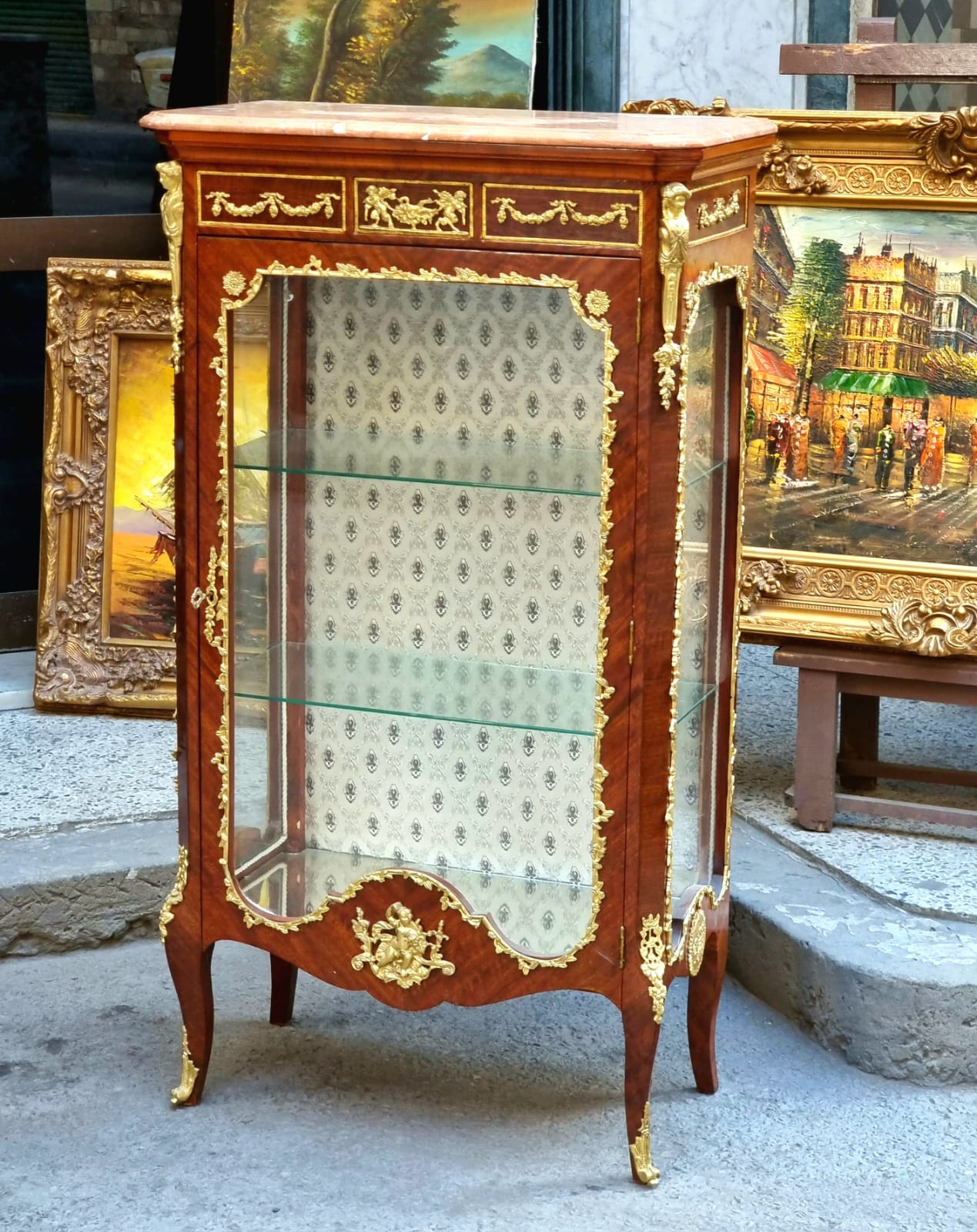 French Louis XV Vitrine Cabinet – Grand Solid Wood Display Case with Gilded Inlay & Glass Shelves