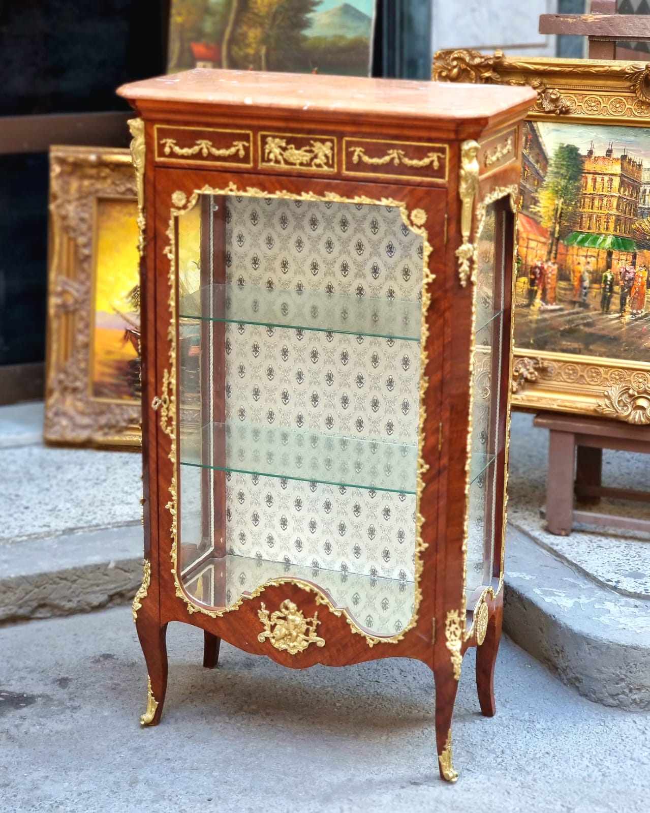 French Louis XV Vitrine Cabinet – Grand Solid Wood Display Case with Gilded Inlay & Glass Shelves