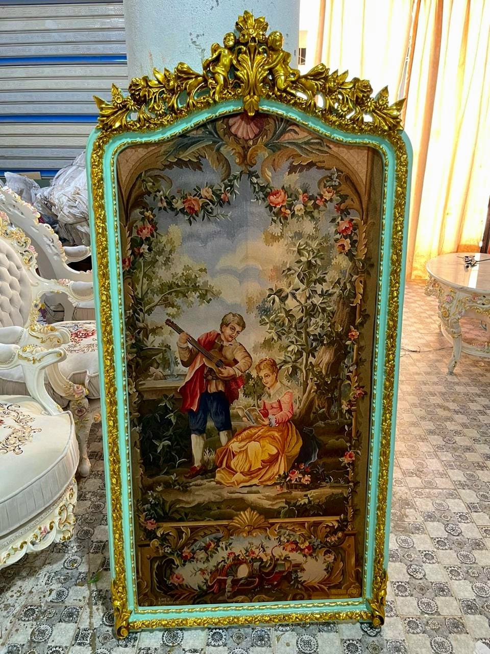 French Romantic Wall Art – Green & Gold Leaf Frame with Musical Couple Scene