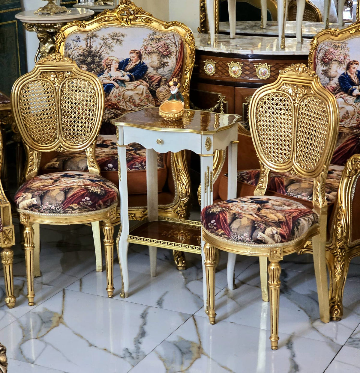French Louis XVI Side Chairs – Gold Leaf Frame with Romantic Velvet Upholstery