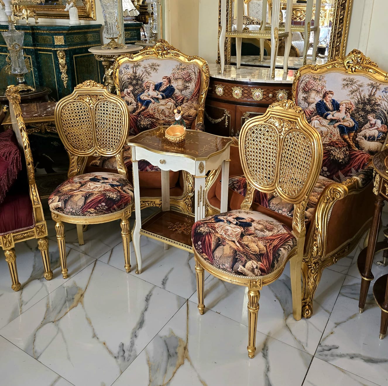 French Louis XVI Side Chairs – Gold Leaf Frame with Romantic Velvet Upholstery