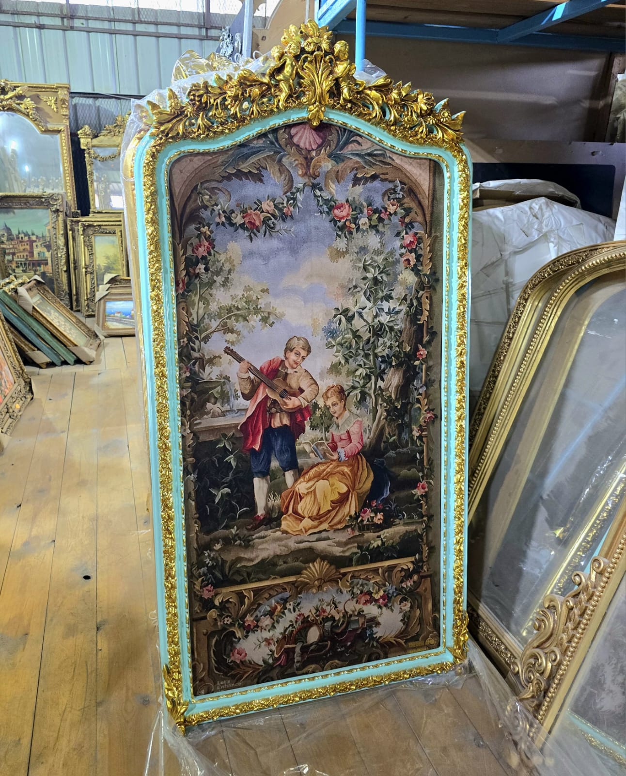 French Romantic Wall Art – Green & Gold Leaf Frame with Musical Couple Scene