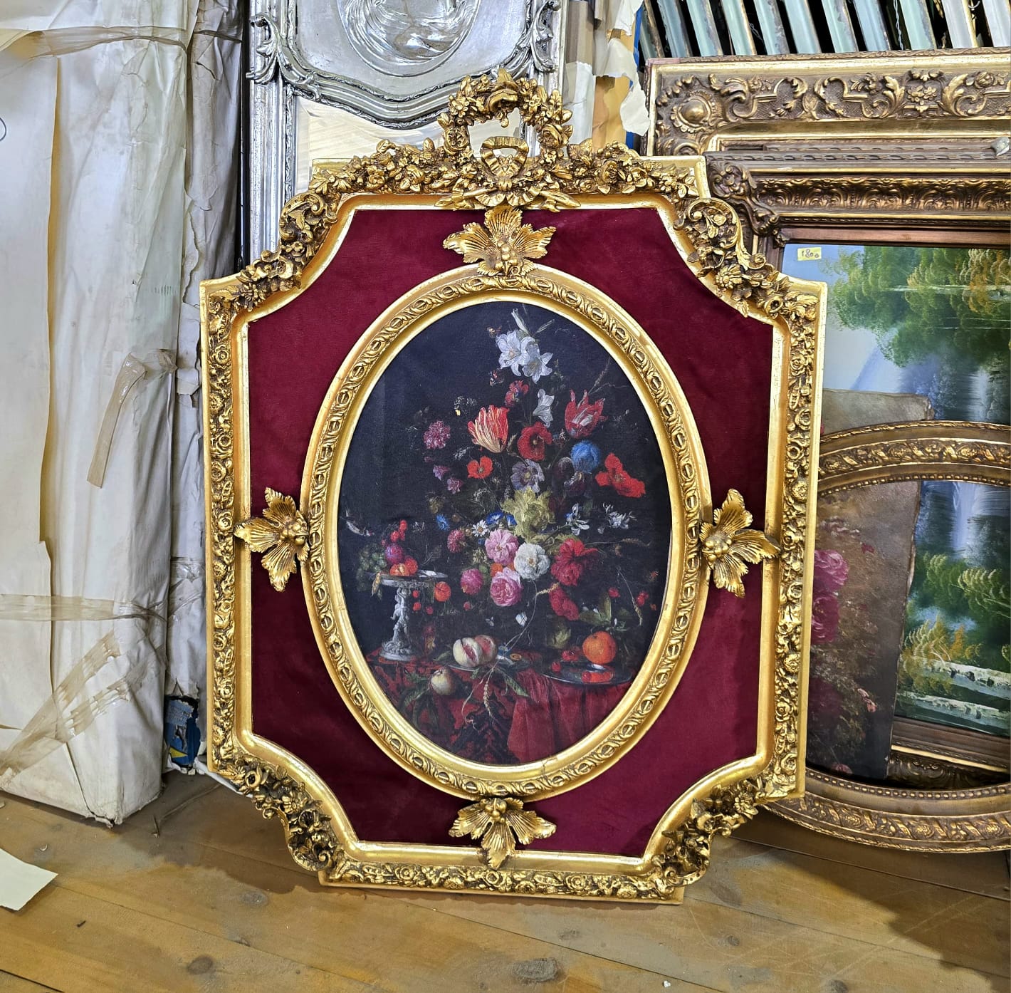 French Rococo Floral Still Life Wall Art – Burgundy Velvet & Gold Leaf Ornate Frame