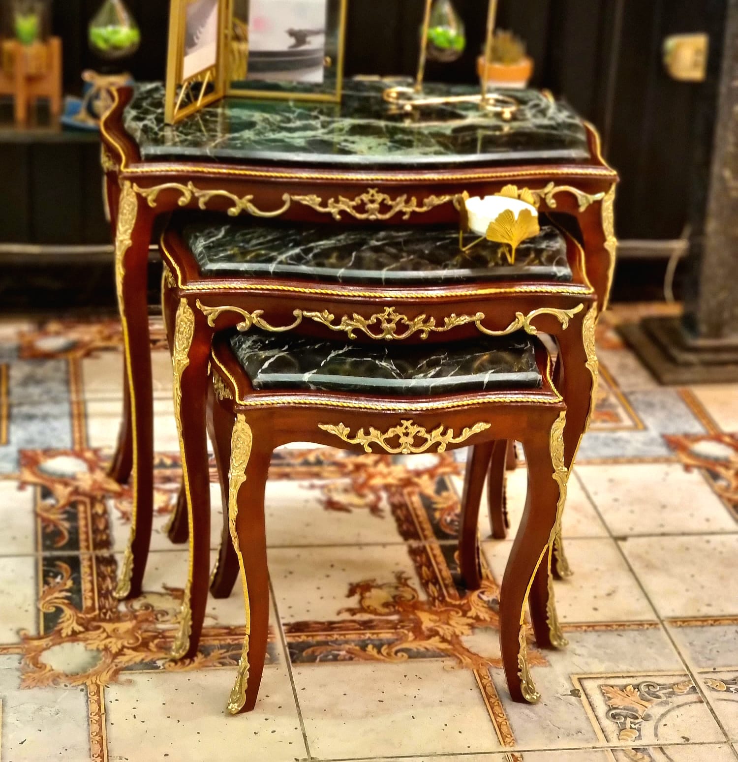 Rococo Style Black Marble Top Nesting Tables – Set of 3 with Gold Leaf Accents