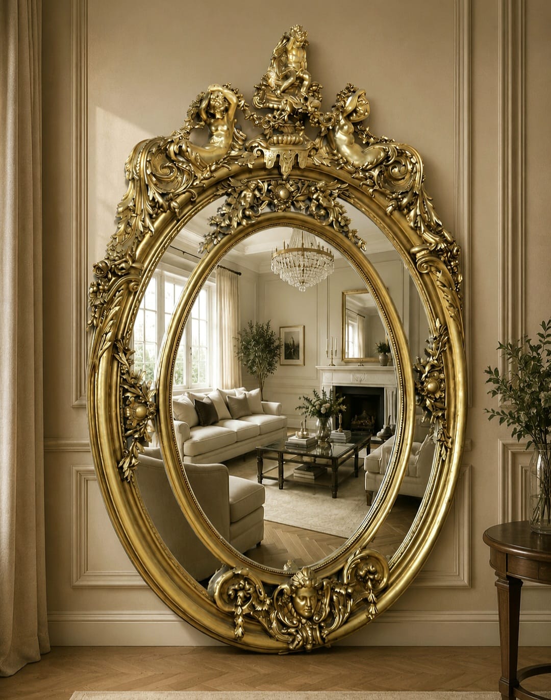 Baroque Gold Ornate Wall Mirror with Cherub & Floral Carved Details – Luxury Statement Mirror