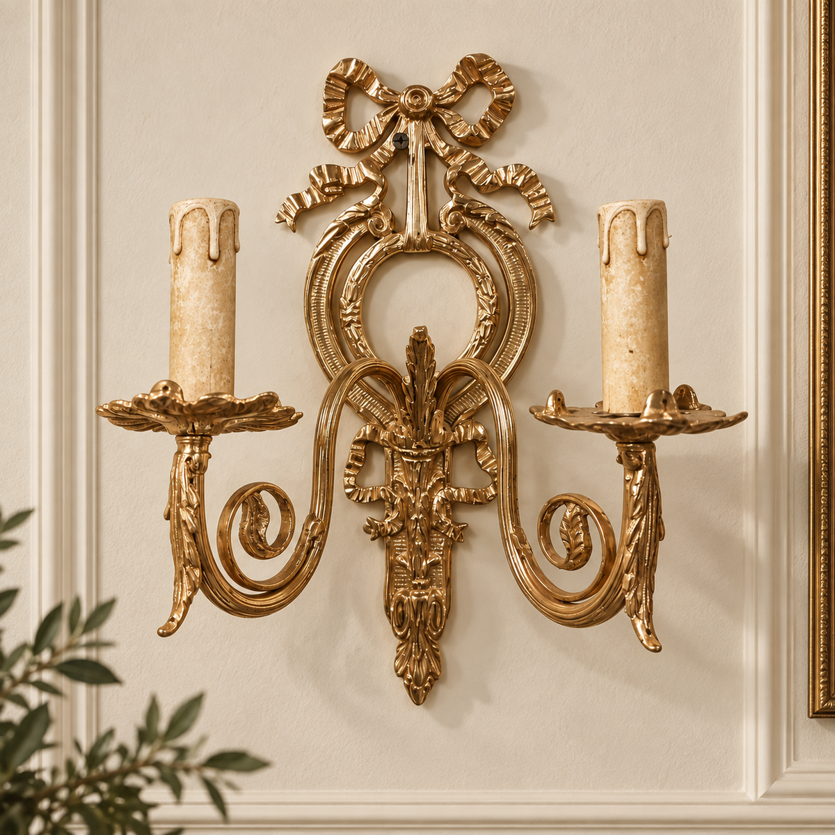 Ornate French-Style Two-Light Wall Sconce – Gilded Bronze & Gold Leaf with Bow and Scrollwork