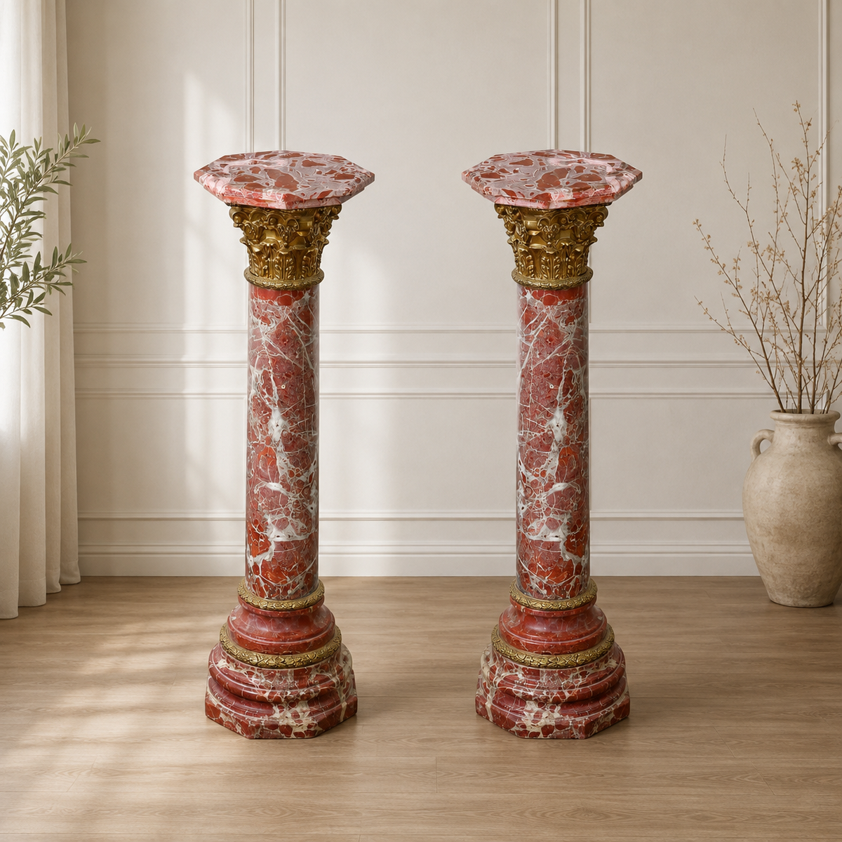 Italian-Inspired Red Marble Pedestal – Sculptural Column with Gold Leaf & Bronze Ornamentation