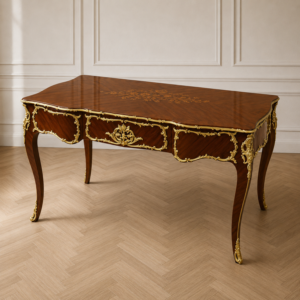 Regal French Writing Desk – Ornate Brown Console with Intricate Gilt Detailing