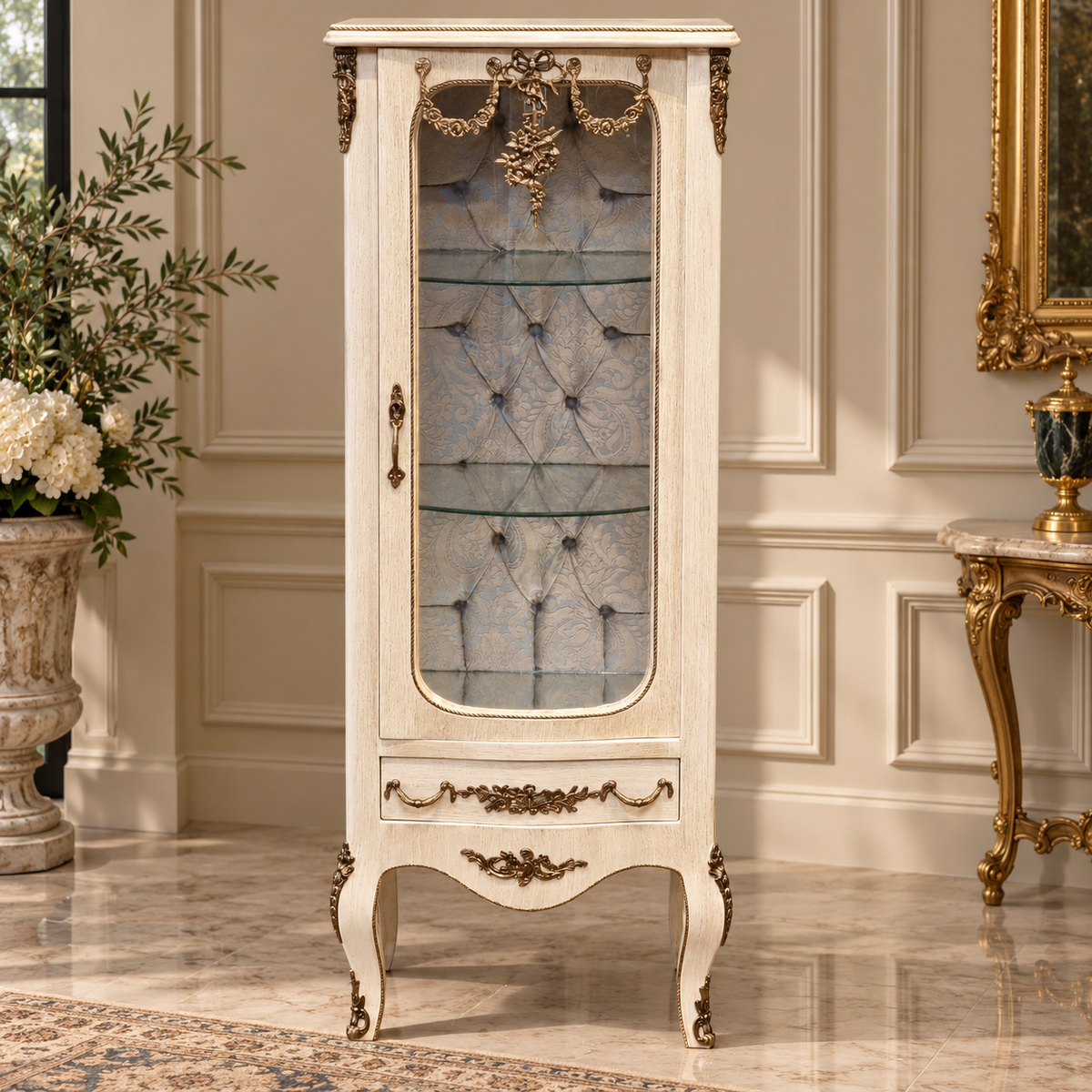 French Louis XV Style White Display Vitrine – Silver Leaf Details, Tufted Interior & Glass Shelves