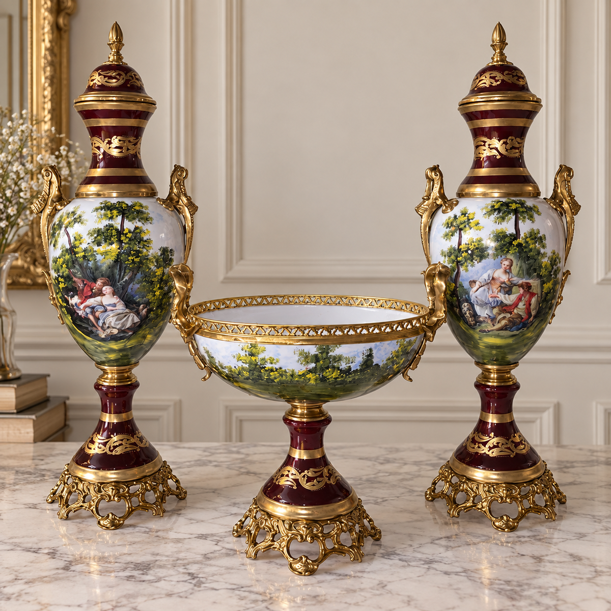 French Style Burgundy & White Porcelain Garniture Set with Two Covered Vases and Central Jardinière – Gold Leaf & Bronze