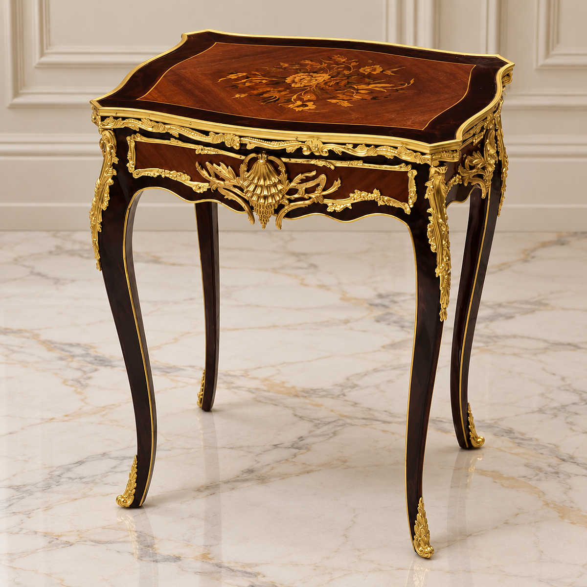 French-Style Accent Side Table – Glass Top with Ornate Bronze Frame & Gold Leaf Details
