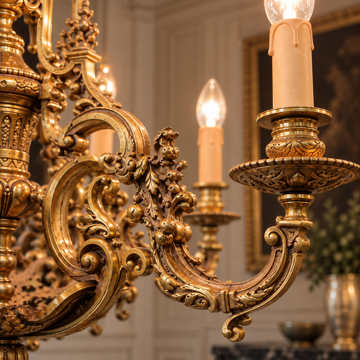 Grand French Rococo Chandelier – Ornate Bronze Frame with Gold Leaf & 10-Light Design
