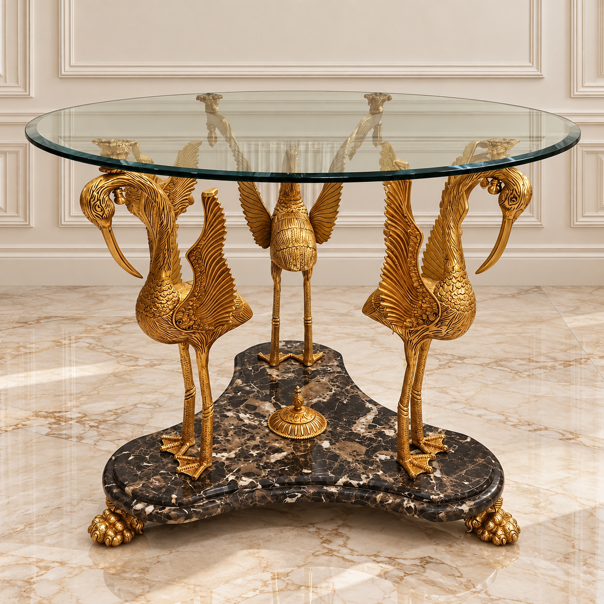 French-Inspired Dining Table – Sculptural Bird Base with Marble, Gold Leaf & Glass Top