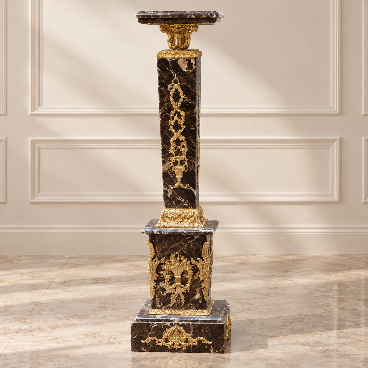 Ornate French-Style Marble Pedestal – Gilded Gold Leaf Details with Sculptural Bronze Ornamentation
