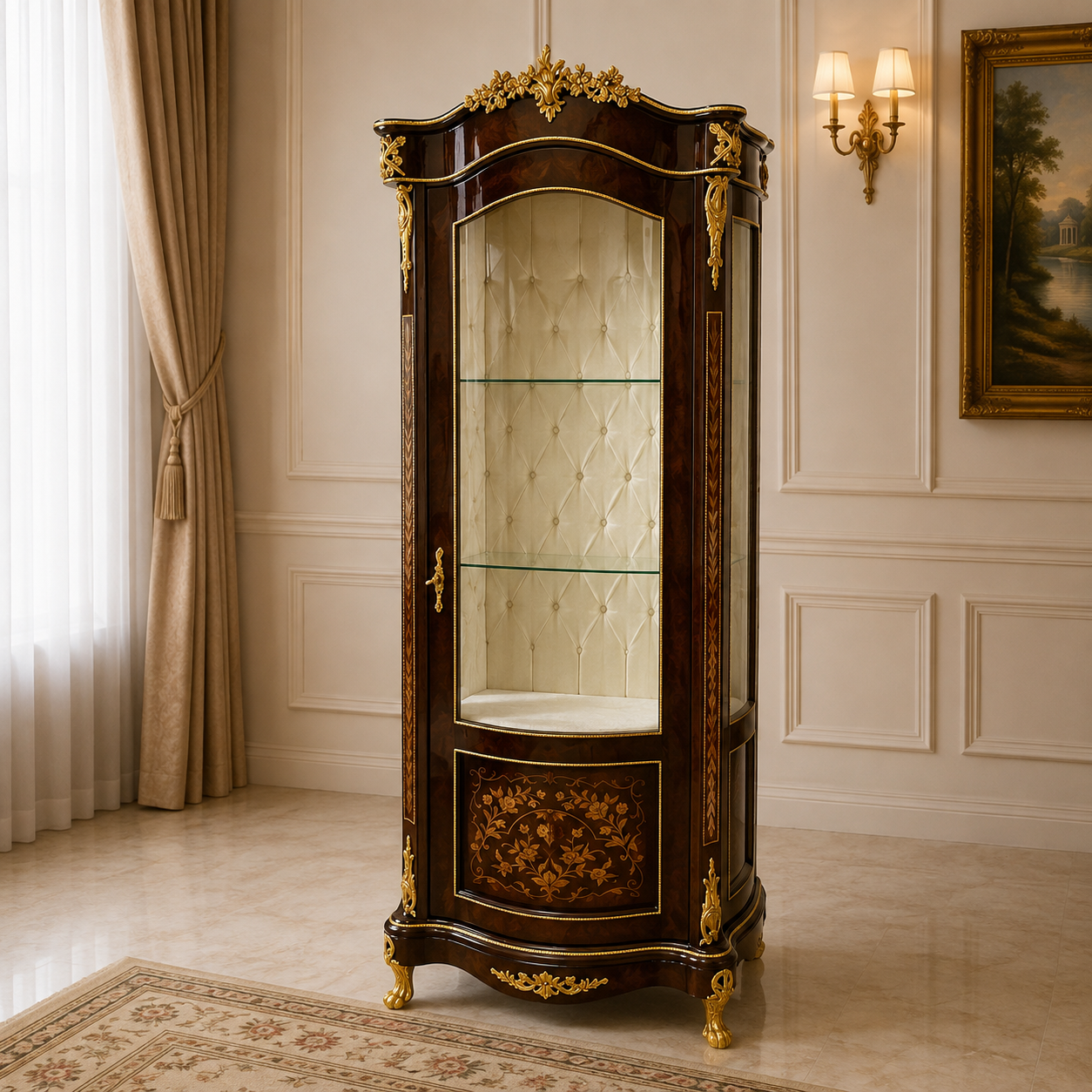 Grand French Louis XV Vitrine Cabinet – Ornate Wood Display Case with Glass, Velvet Interior & Gold Leaf Details