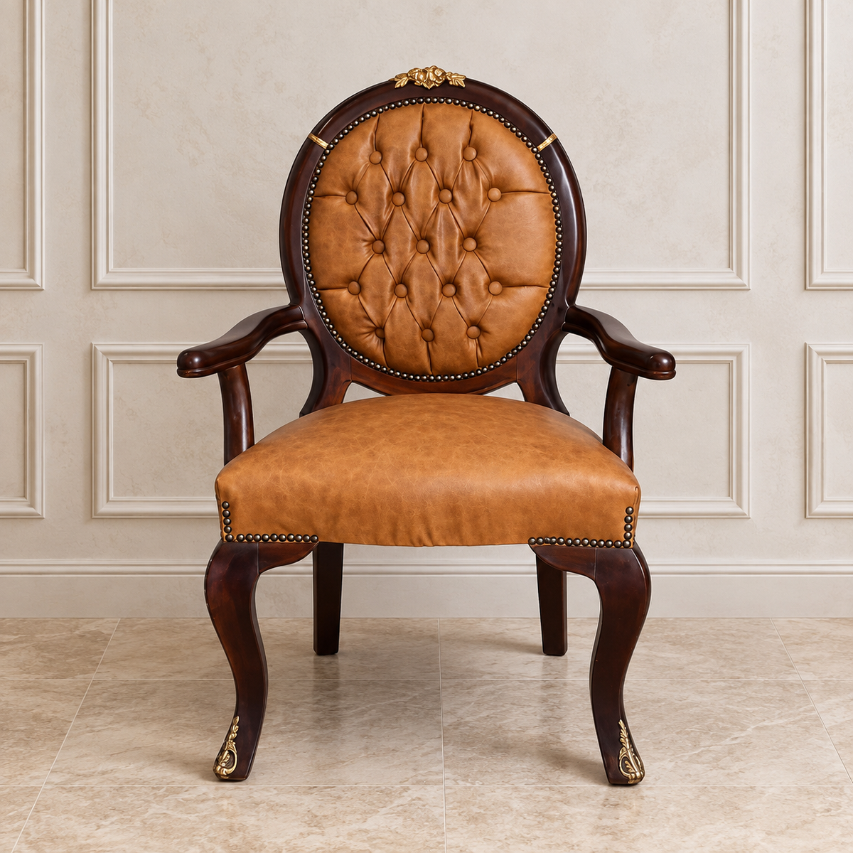 French Empire Style Cognac Leather Armchair with Deep Tufting and Ornate Black & Gold Frame