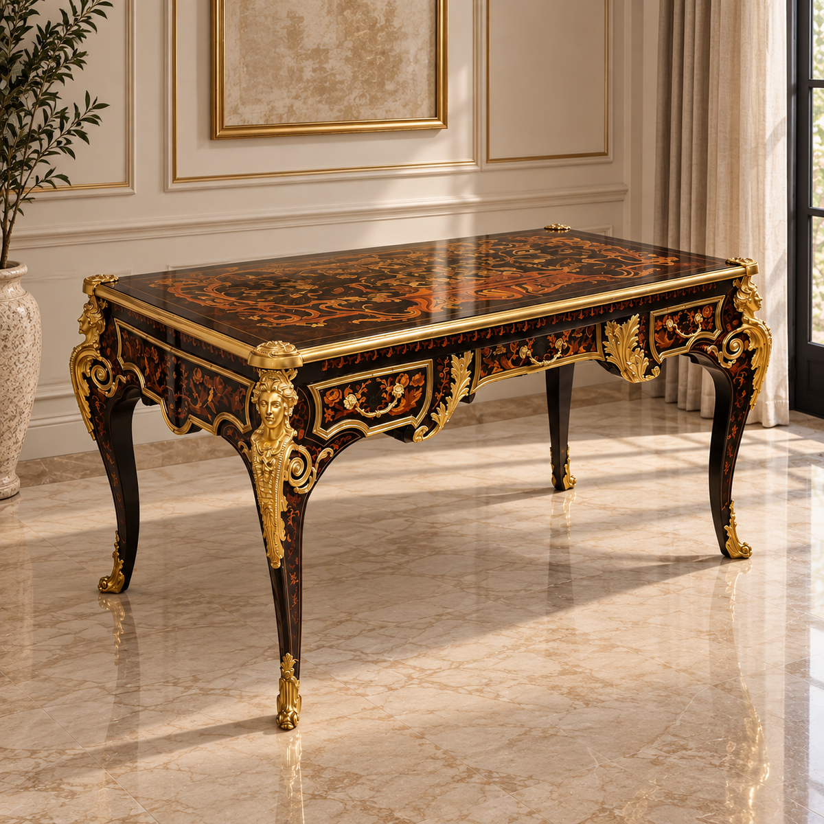 Grand French-Style Executive Desk – Black Finish with Gold Leaf Details & 3 Drawers