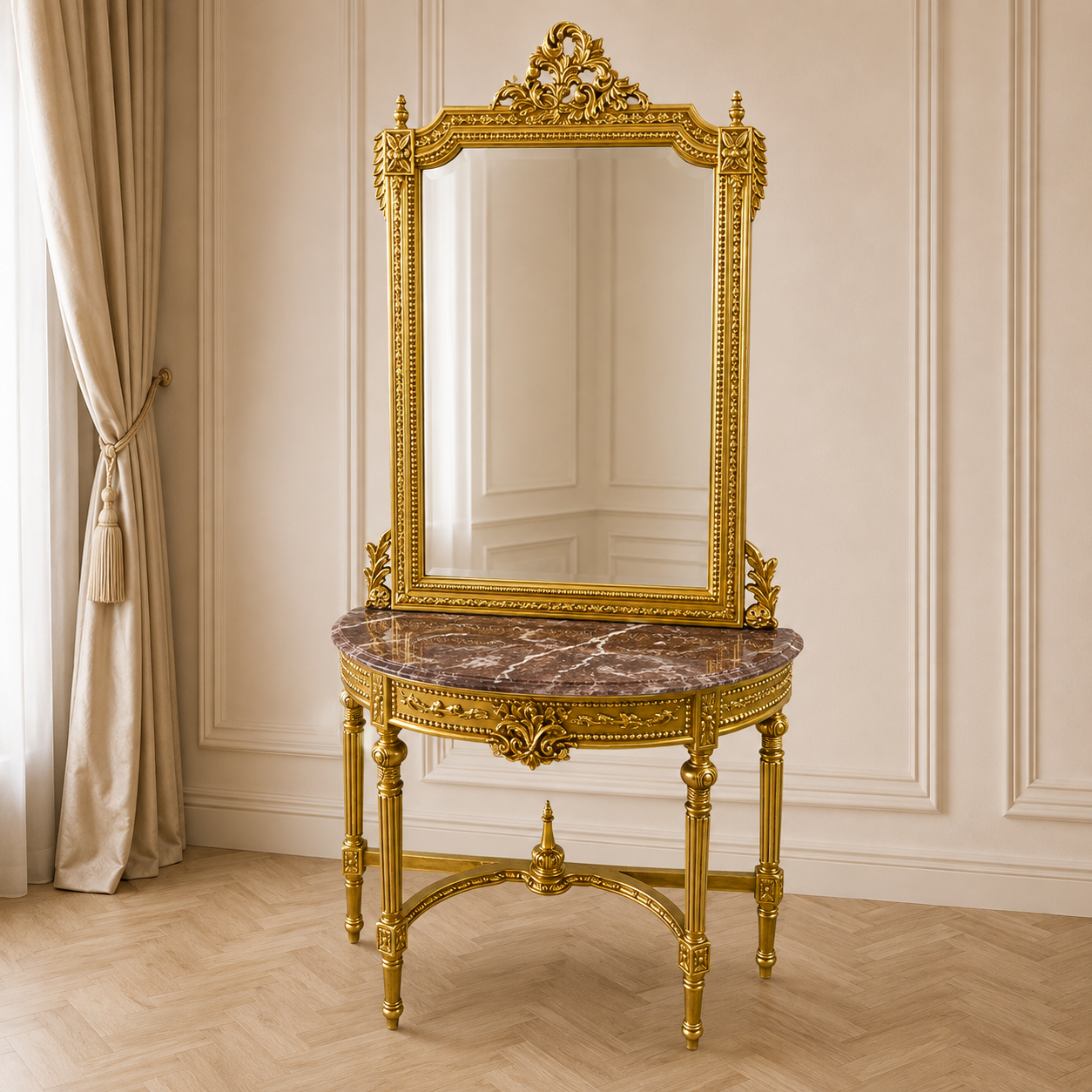 Luxury French Louis XV Console Table & Mirror Set – Ornate Gold Leaf Entryway Furniture with Marble Top