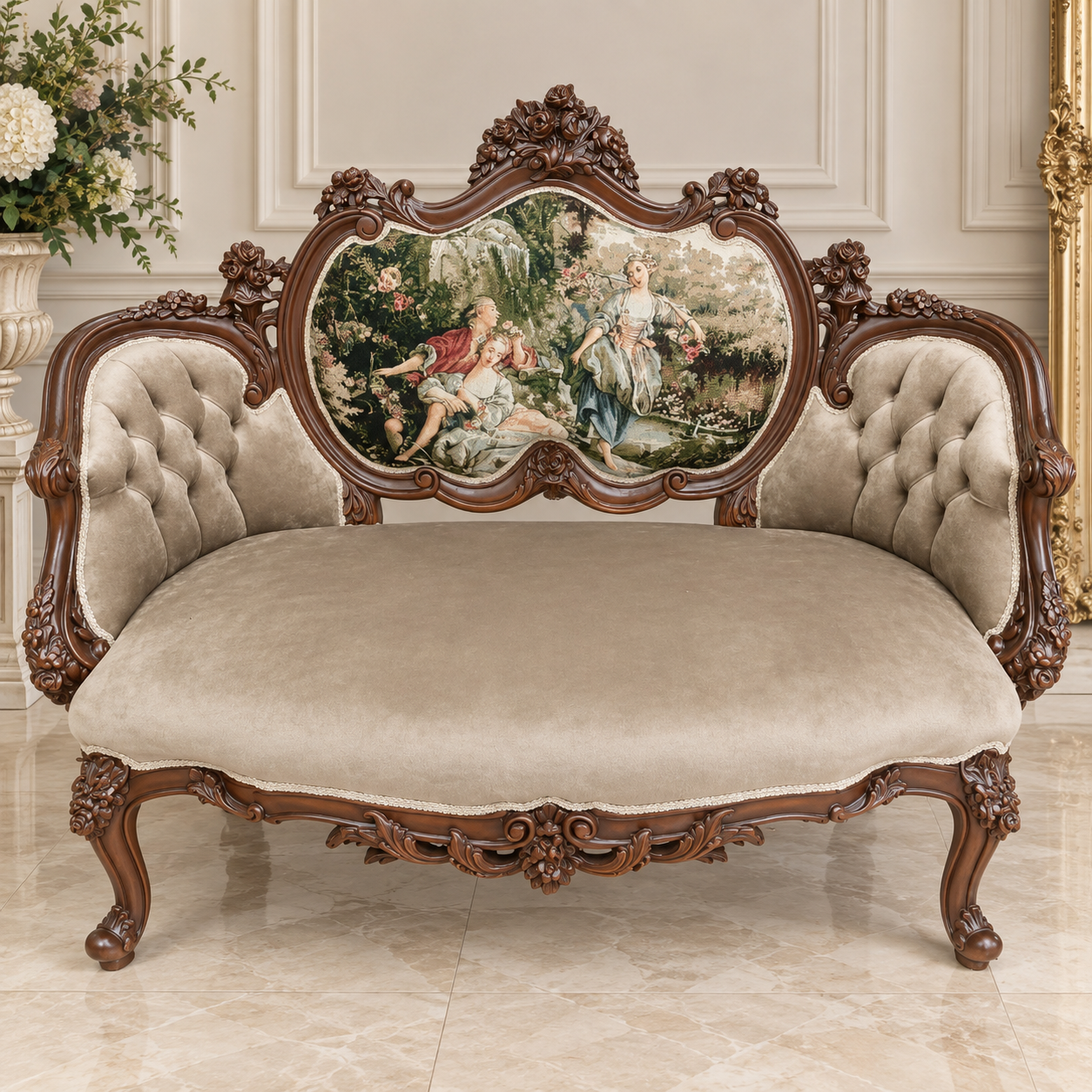 French Louis XV Style Carved Walnut Settee with Aubusson-Style Tapestry Back & Tufted Velvet Upholstery