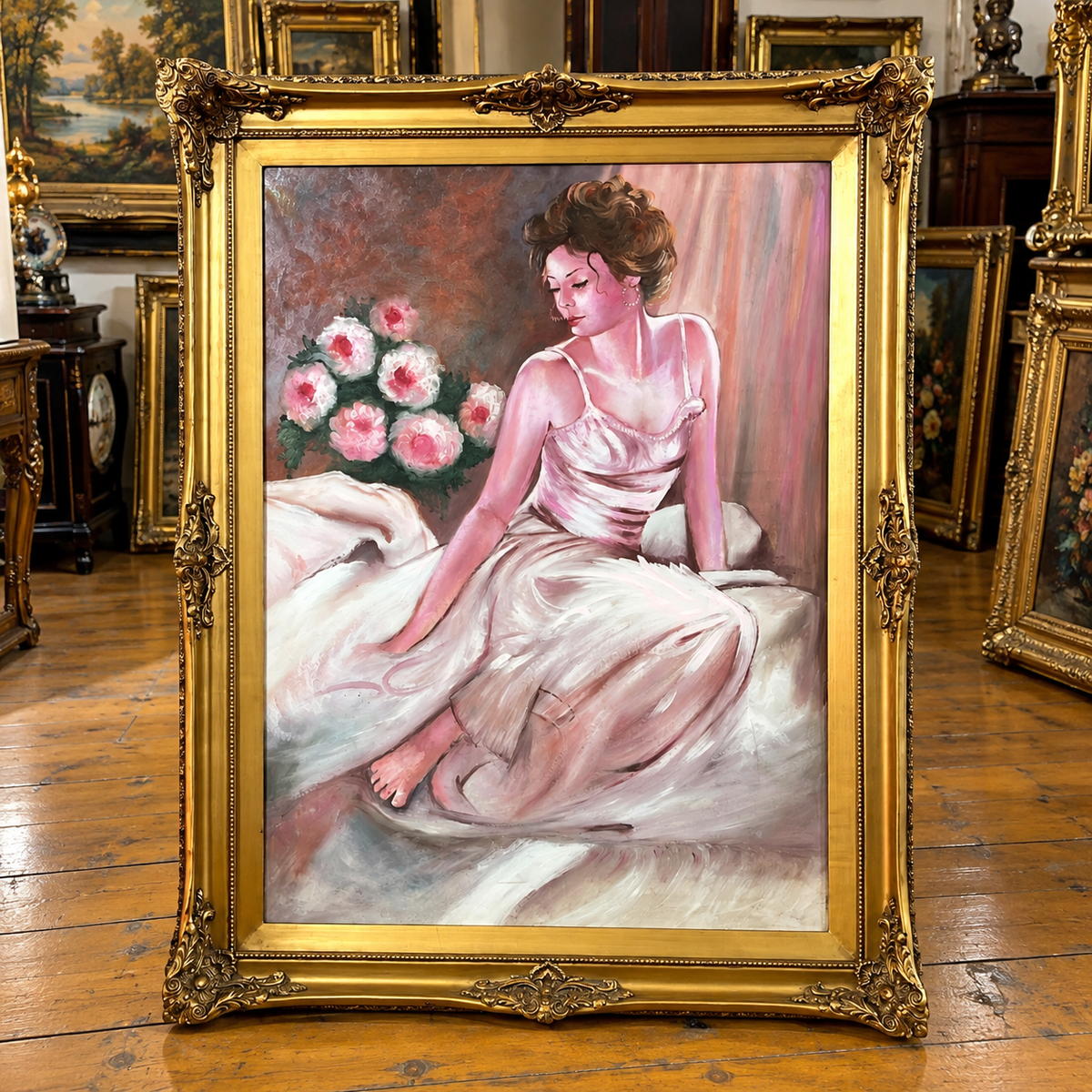 Romantic Portrait Painting of a Woman in a White Gown – Ornate Gold Leaf Frame