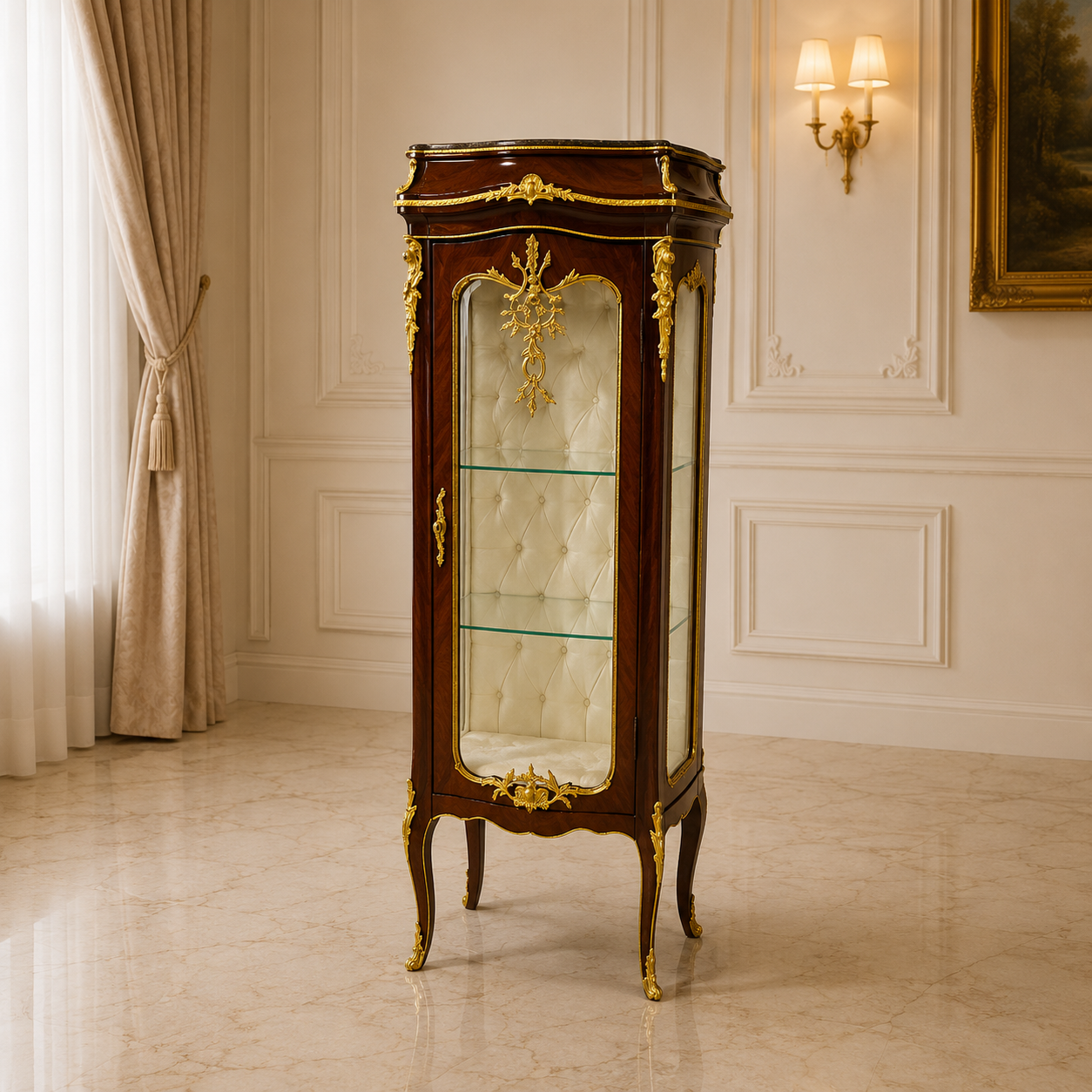 Small French Louis XV Vitrine Cabinet – Glass Display Case with Velvet Interior & Gold Leaf Details