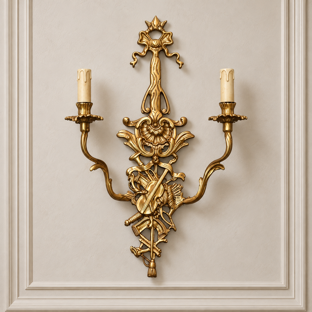 Ornate French-Style Two-Light Wall Sconce – Fully Gilded Gold Leaf with Musical Motif