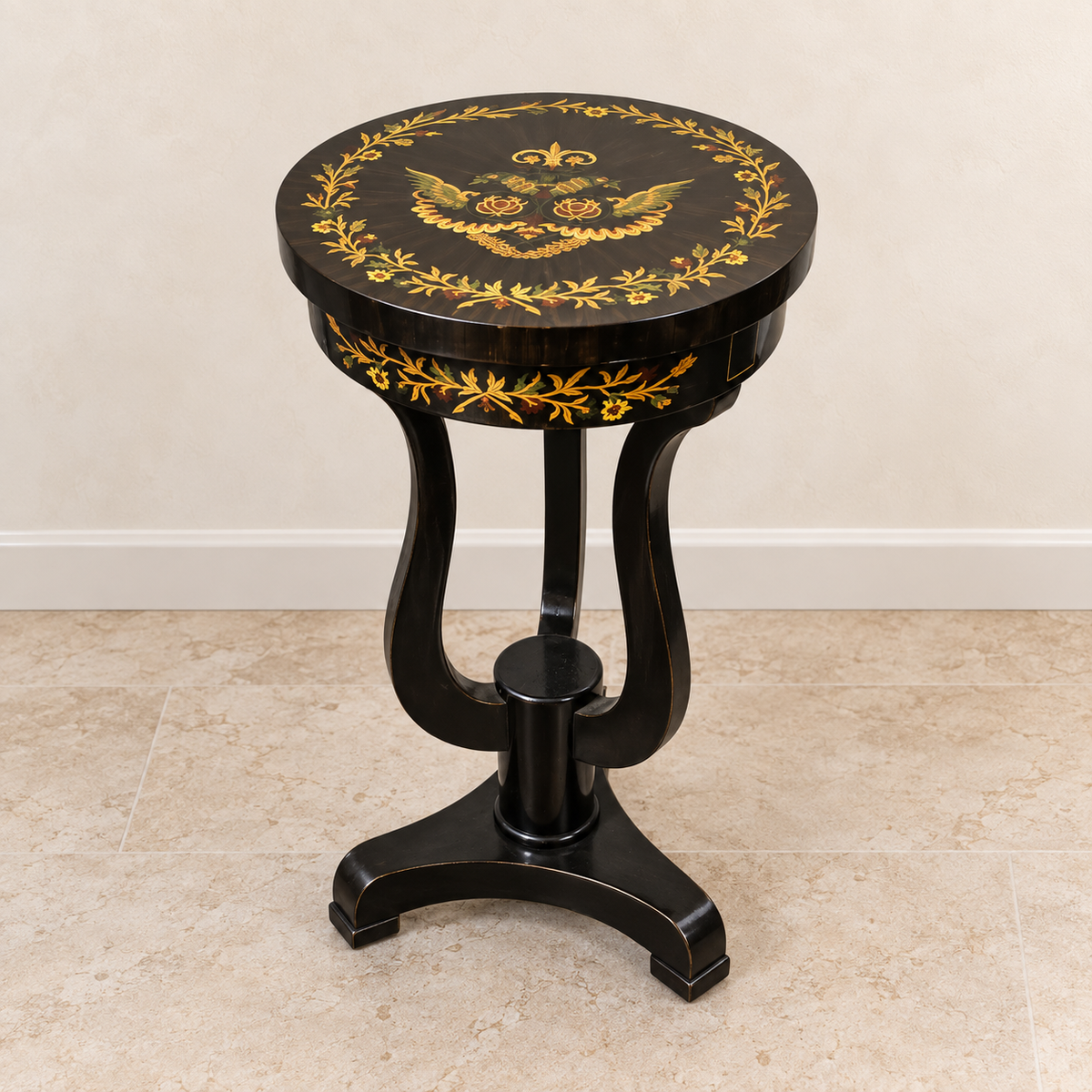 Black French Louis XVI-Style Pedestal Table – Floral Inlay with Gilded Bronze Accents