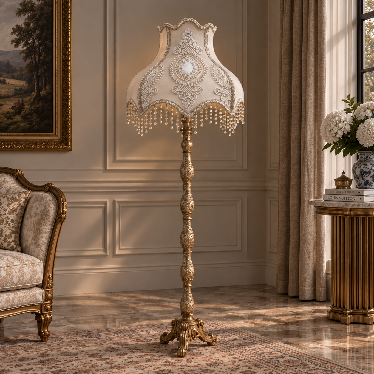 French-Style Gilded Floor Lamp – Ornate Gold Leaf Stand with Embroidered Fabric Shade & Crystal Fringe