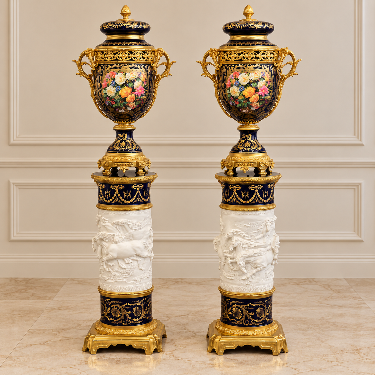 French-Style Blue & White Porcelain Vase with Ornate Pedestal – Gold Leaf, Bronze & Sculpted Details