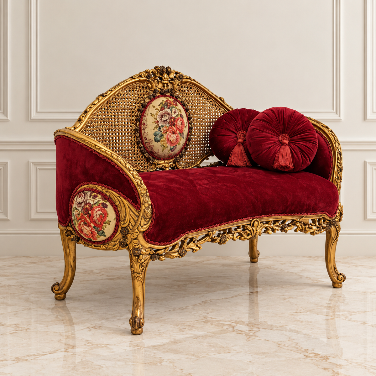 French Rococo Sofa – Burgundy Velvet Upholstery, Gilded Carved Frame & Floral Medallion