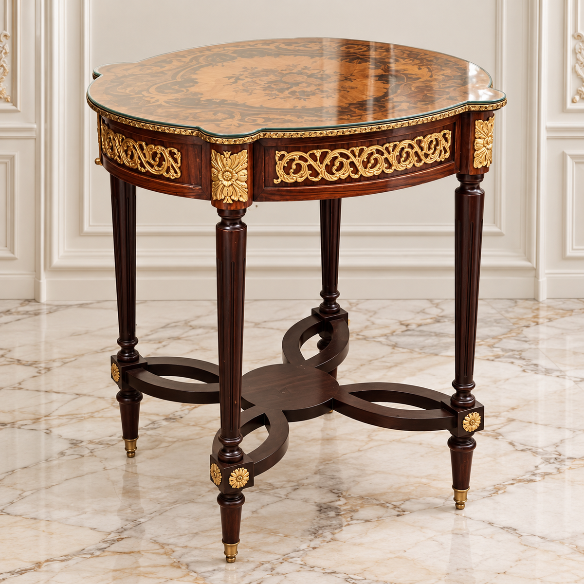 French-Inspired Wood Side Table – Glass Top with Gilded Bronze & Gold Leaf Details