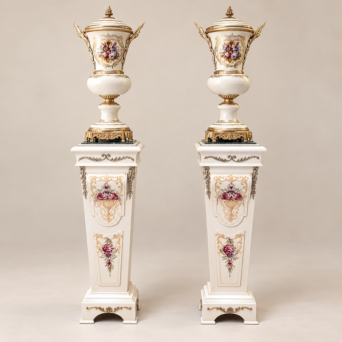French-Style Marble Pedestal with Decorative Porcelain Vase – Gold & Silver Leaf Details