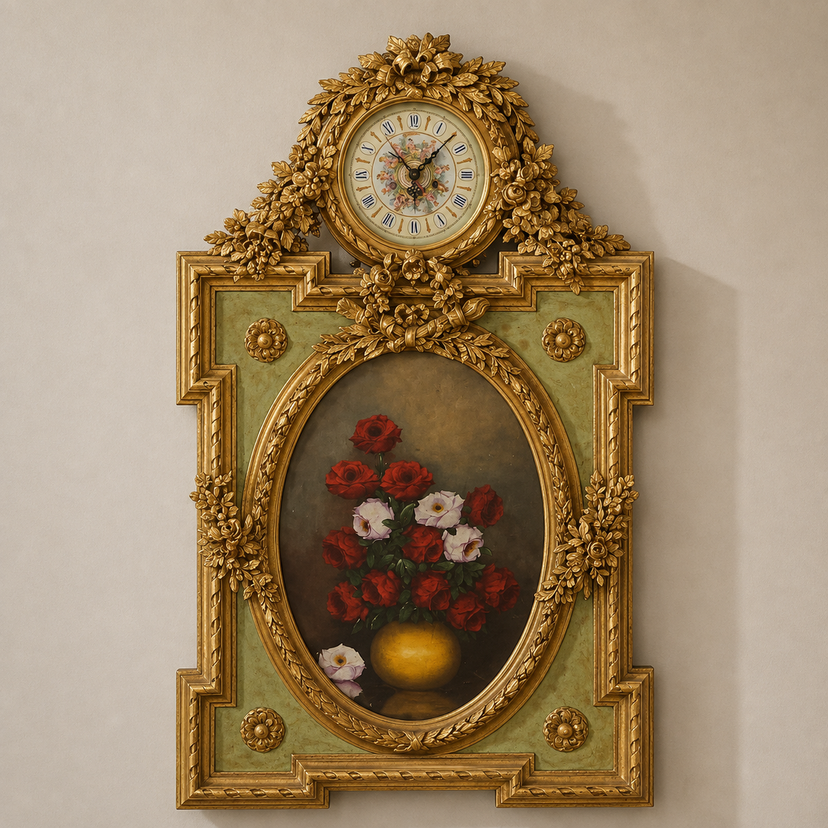 French-Style Floral Wall Clock with Gold Leaf Frame – Rose Still Life