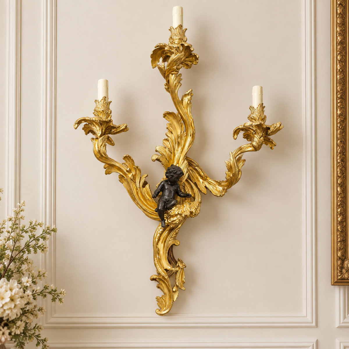 French Louis XV Style Gilded Gold Leaf Three-Light Wall Sconce with Black Cherub and Elaborate Foliate Details