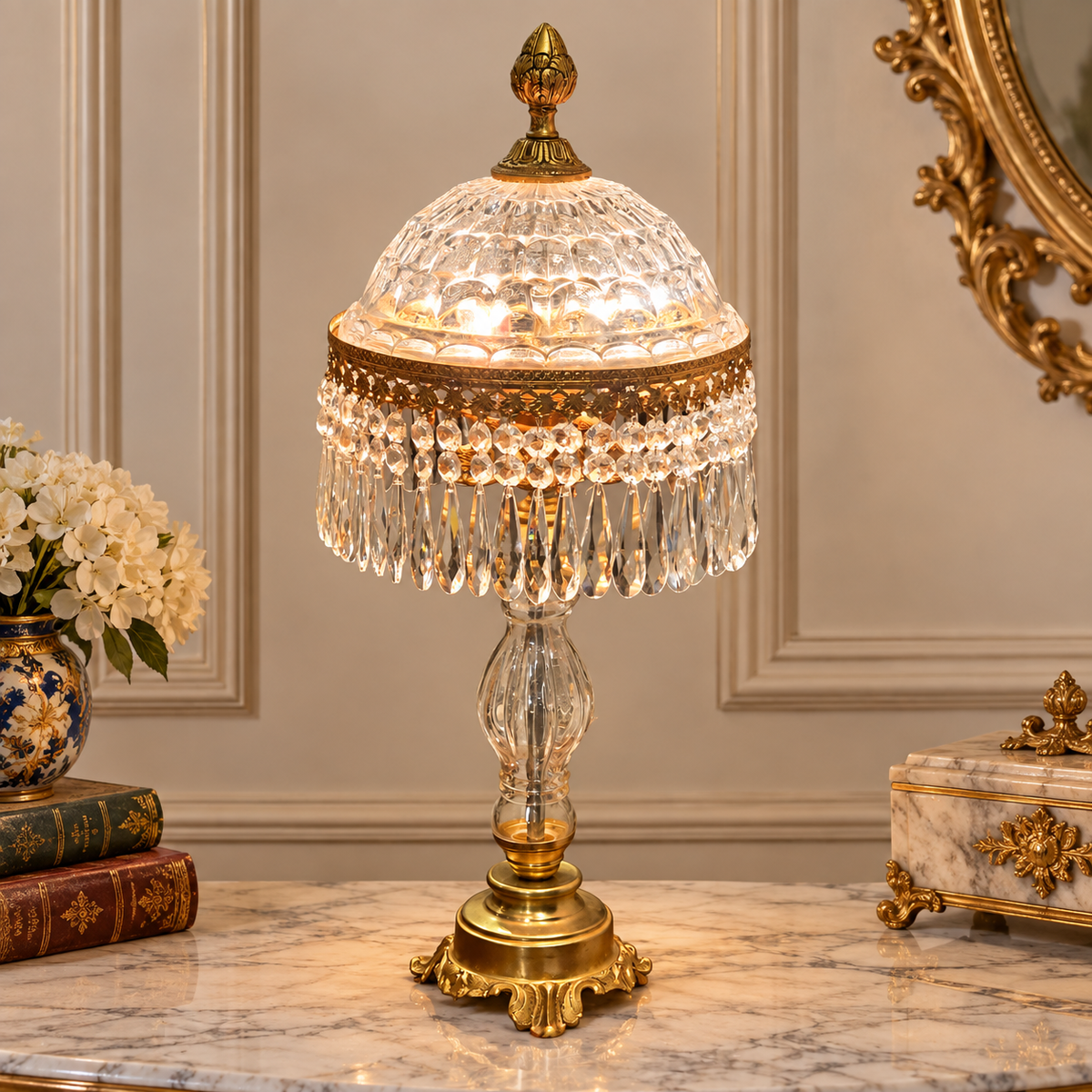 French-Style Crystal Table Lamp – Gold Leaf & Bronze Base with Cascading Crystal Drops