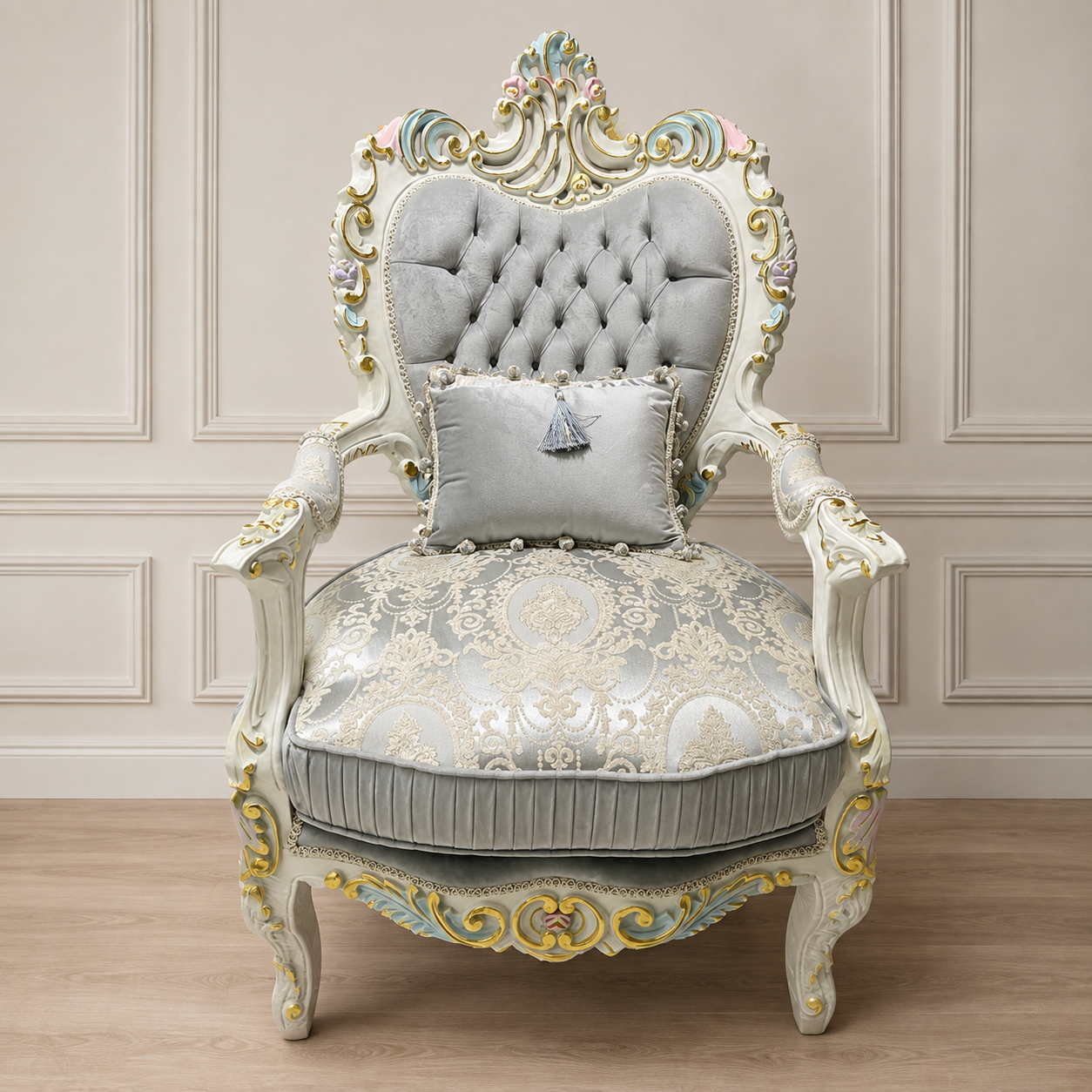 French Louis XV Light Gray Tufted Armchair – White Carved Frame with Gold Leaf & Damask Upholstery