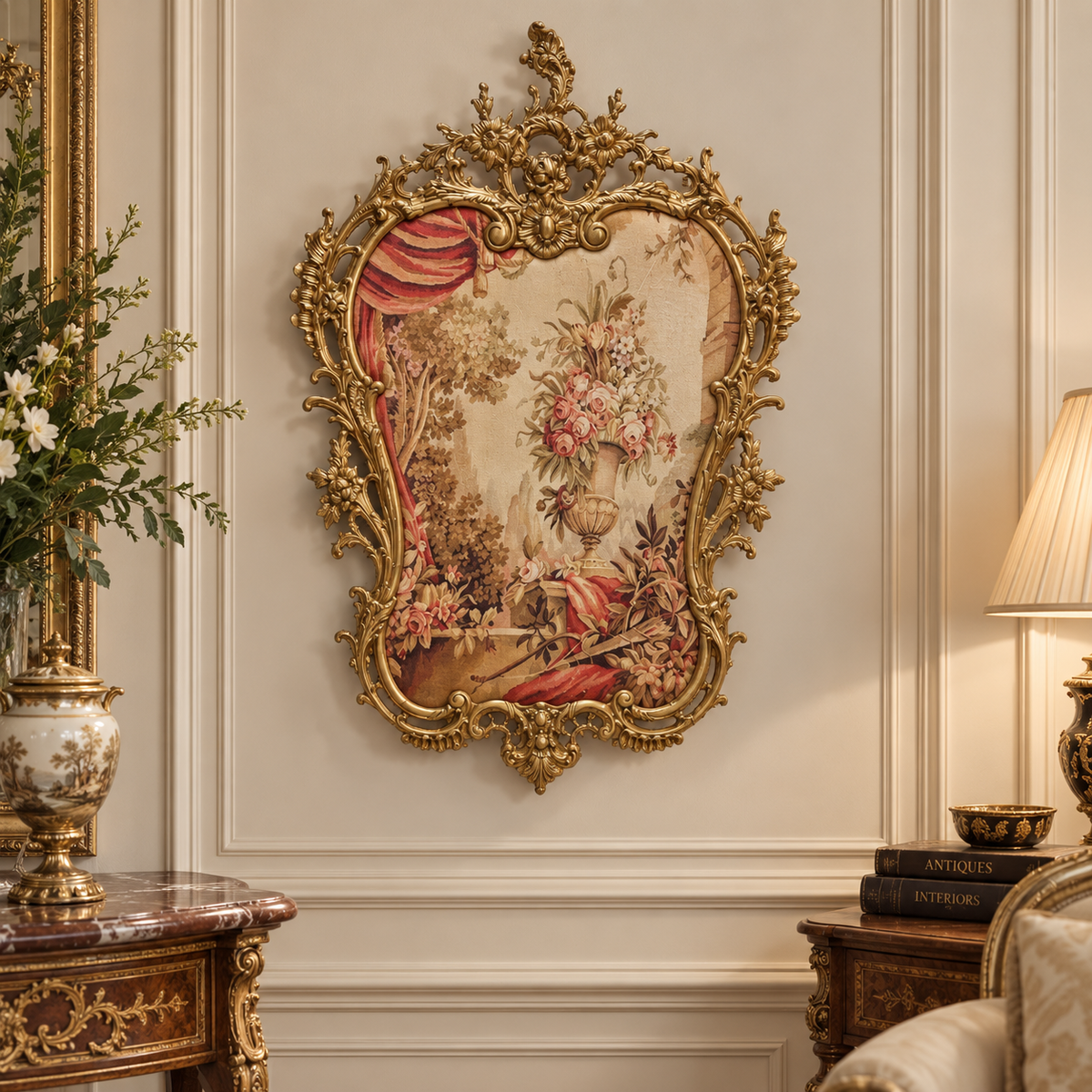 French Rococo Style Tapestry Wall Panel – Ornate Gold Leaf Frame with Floral & Scenic Textile Artwork