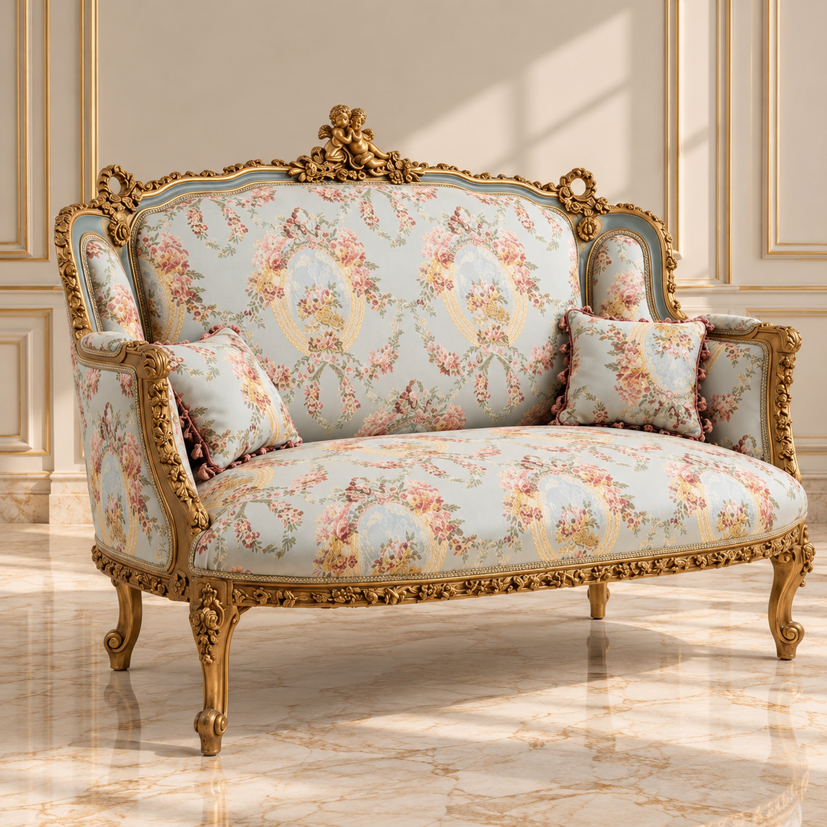 French-Style Sofa – Light Blue Damask Upholstery, Ornate Gold Leaf Frame & Two Cushions