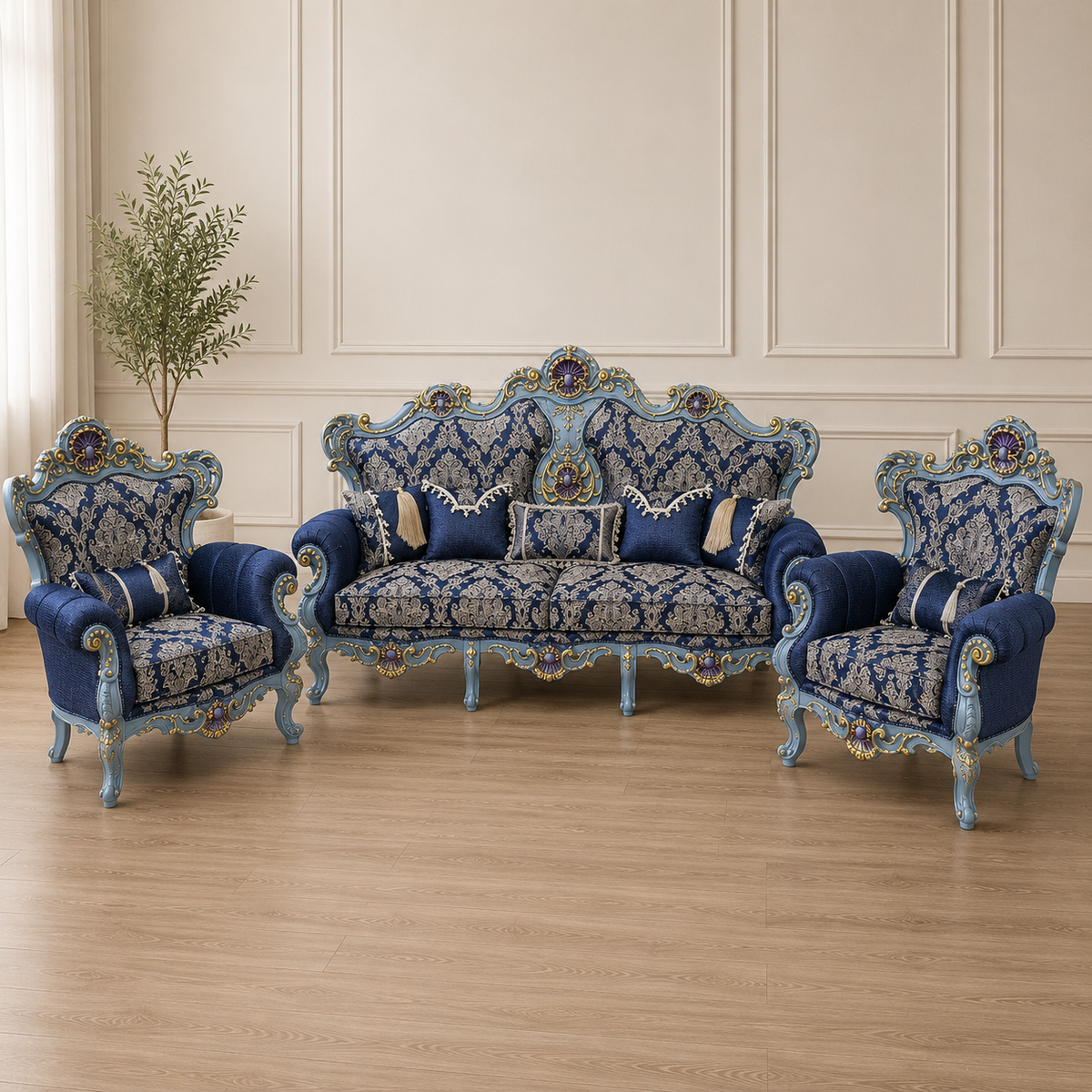 French Provincial Blue Living Room Set – 3-Piece Sofa & Armchair Collection with Sky Blue Frames and Gold Leaf