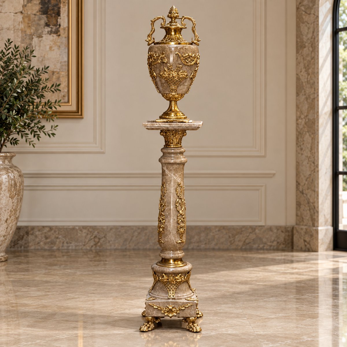 Luxury French Beige Porcelain Vase – Gold Leaf & Bronze Pedestal with Romantic Scenes
