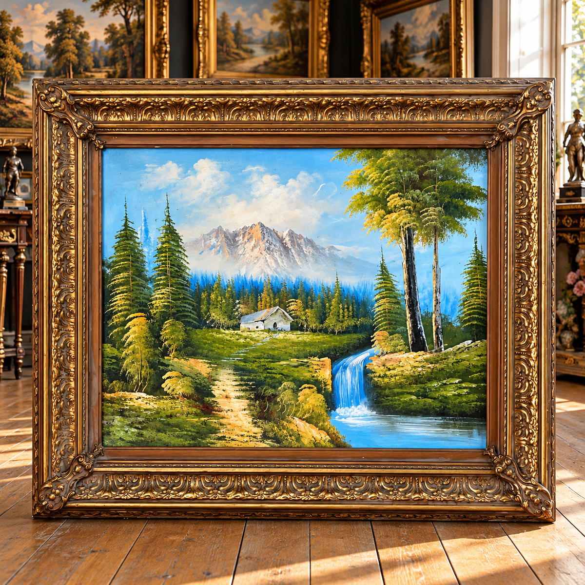 Mountain Cottage Landscape Painting – Ornate Gold Leaf Frame with Waterfall, Forest & Alpine Scenery