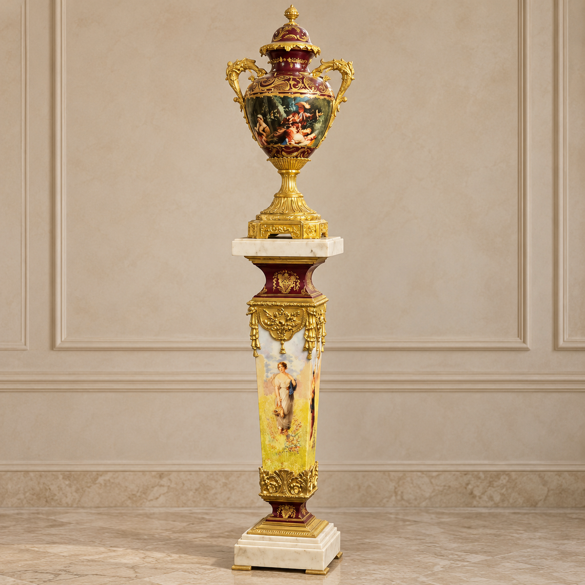 Opulent French-Style Burgundy Porcelain Vase & Pedestal – Marble, Gold Leaf & Bronze Details