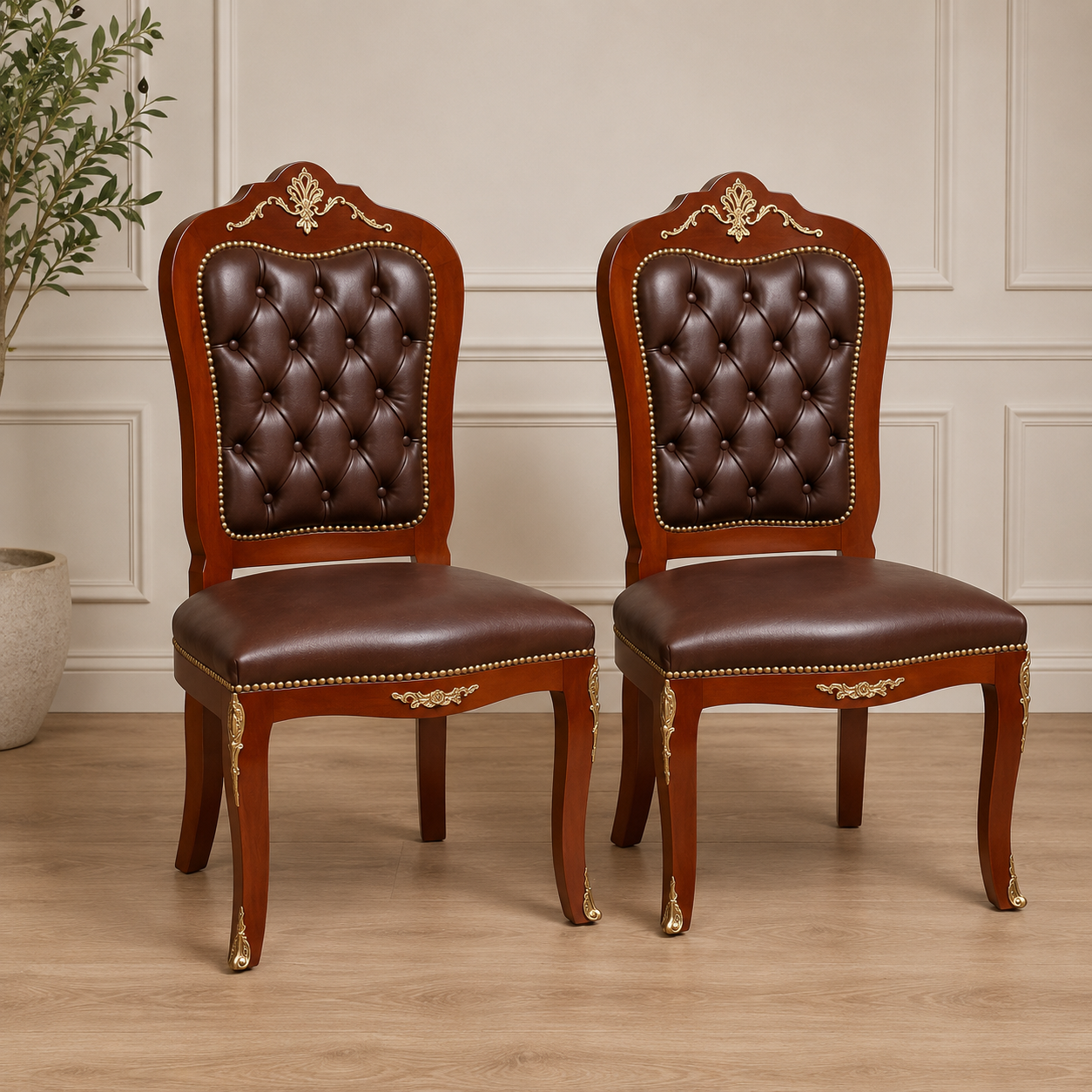 French Louis XV Brown Leather Tufted Dining Chair – Wood Frame with Gold Leaf Details