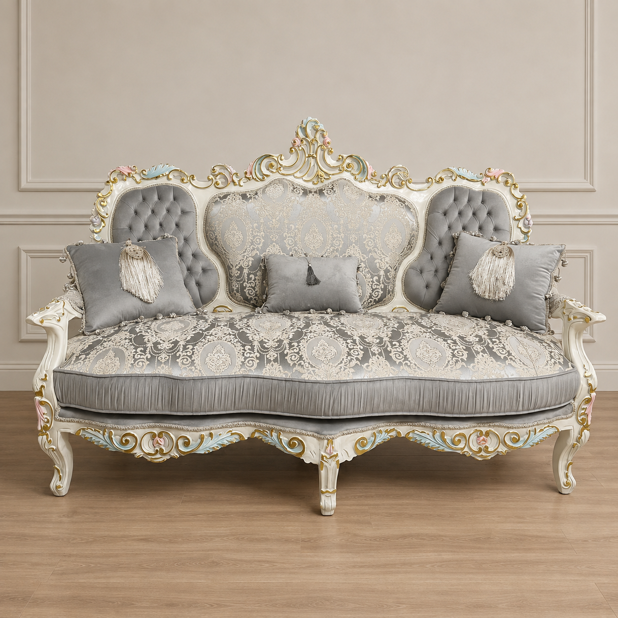 Classic French Gray Upholstered Sofa – Three-Seat Damask Settee with Intricate Gilded Wood Frame