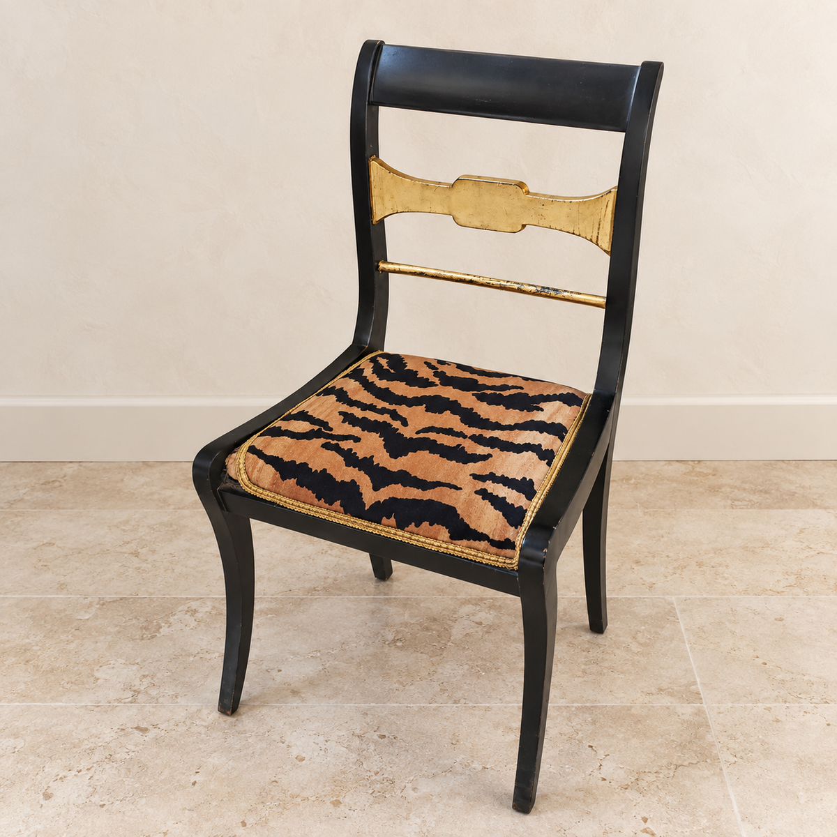 Black Neoclassical Accent Chair – Gold Leaf Details with Bold Tiger Print Upholstered Seat