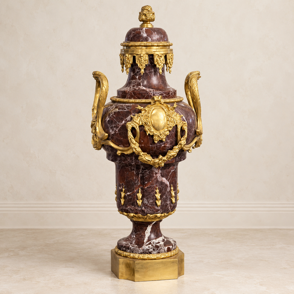 French-Style Burgundy Marbleized Vase – Ornate Gold Leaf & Bronze Details