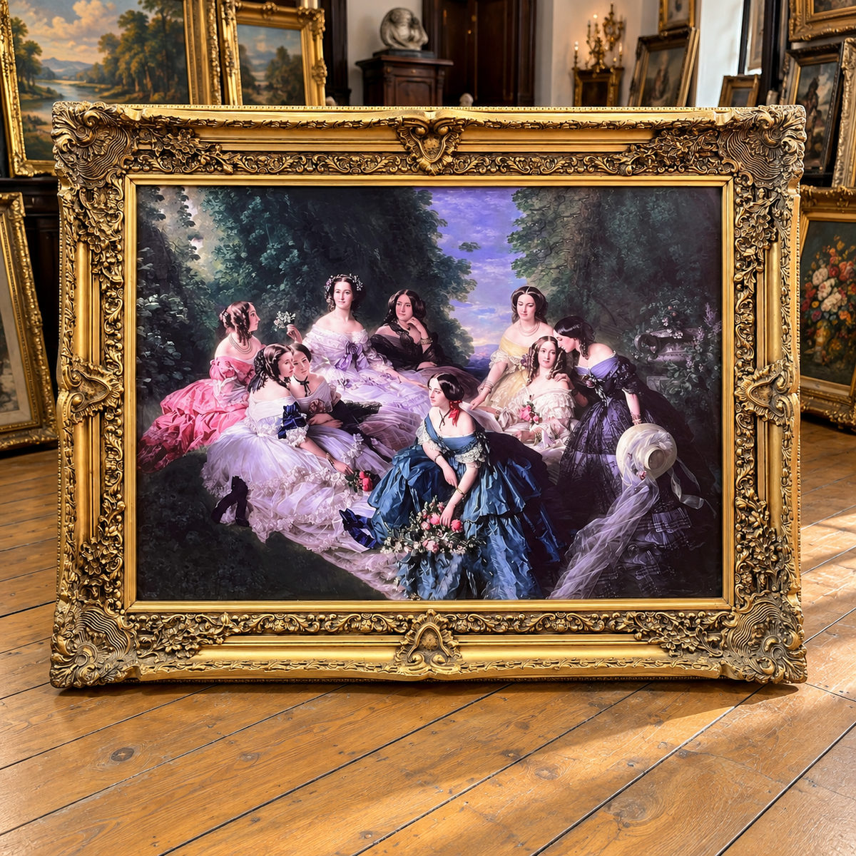 Grand European Salon Scene Wall Art – Elegant Ladies in Conversation with Ornate Gold Leaf Frame