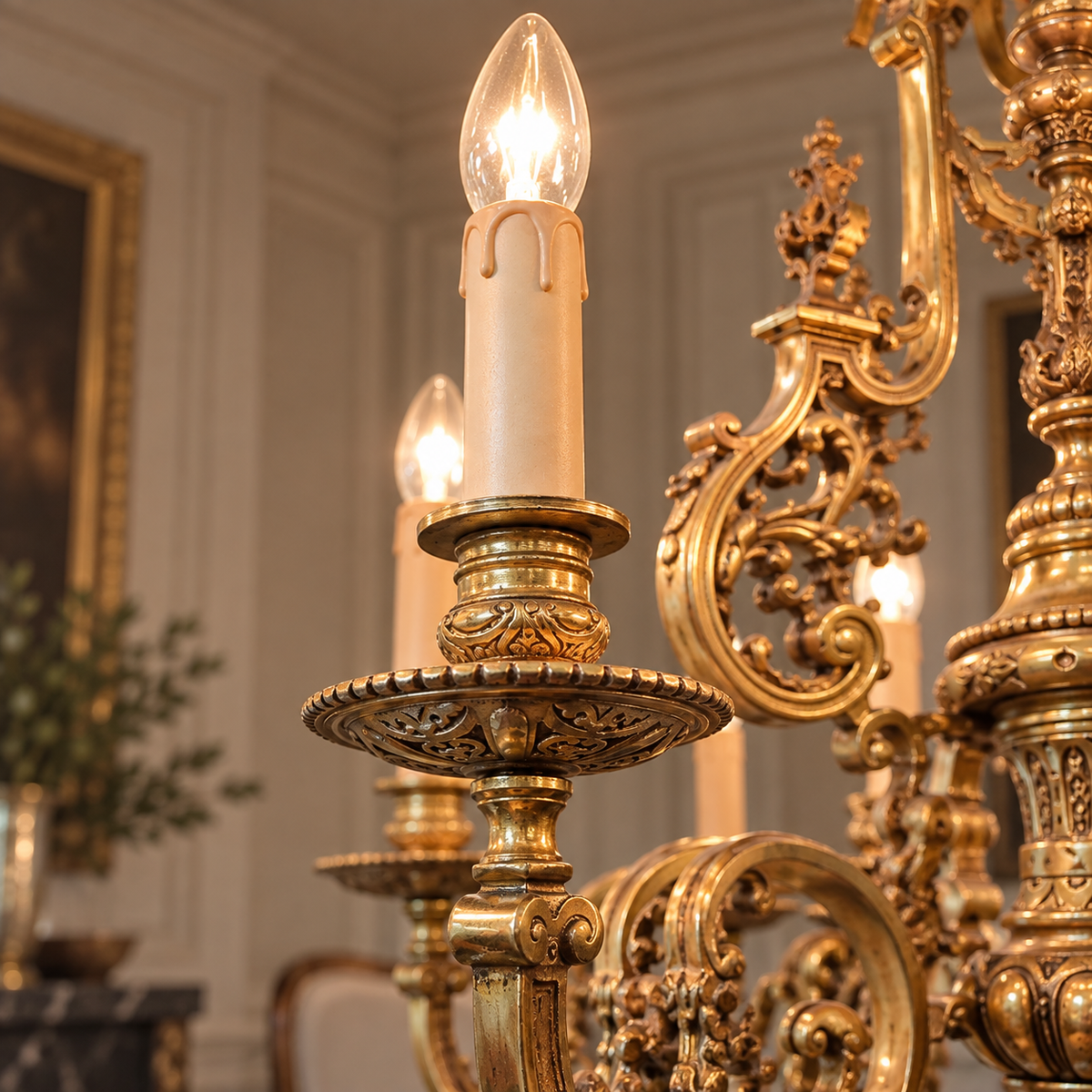 Grand French Rococo Chandelier – Ornate Bronze Frame with Gold Leaf & 10-Light Design