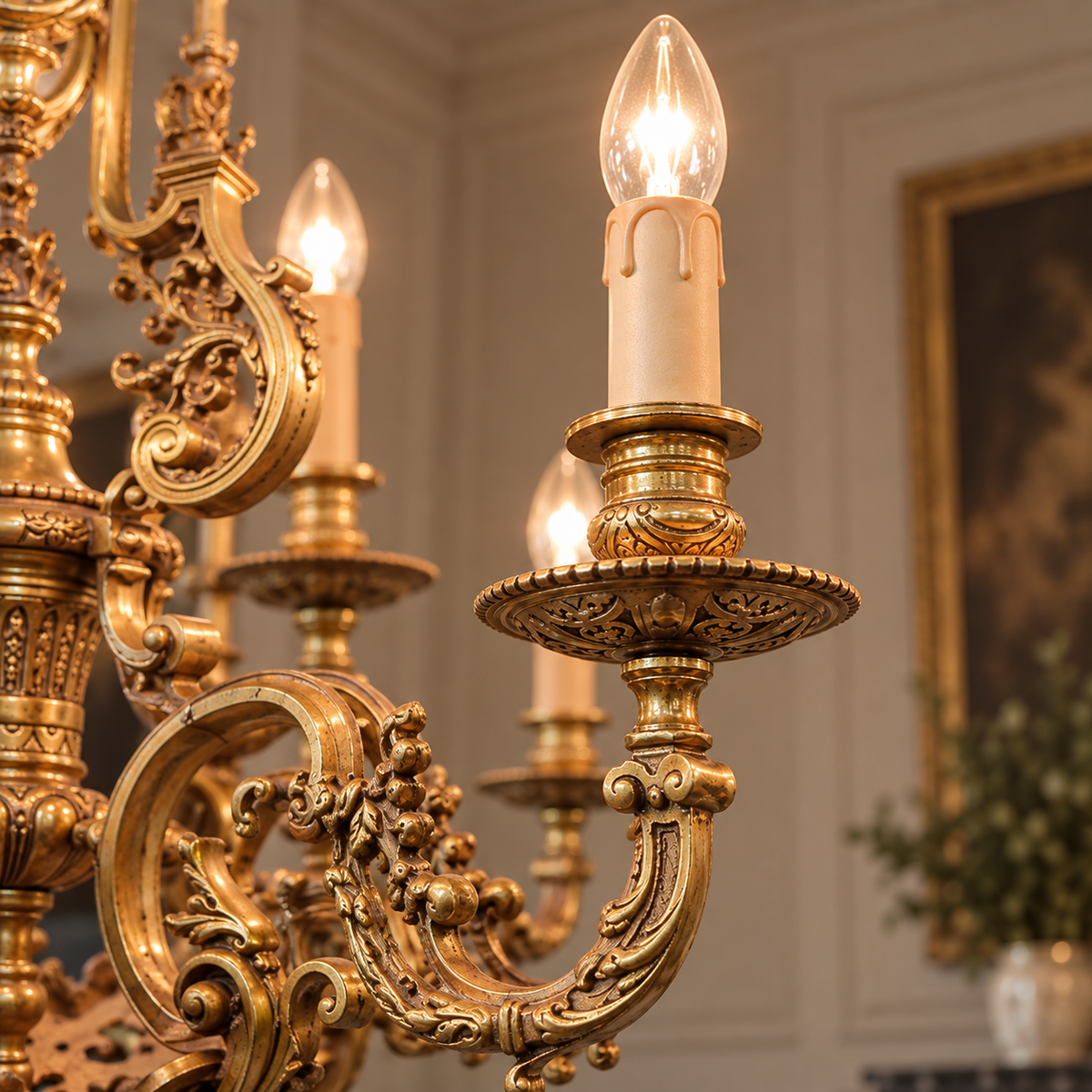Grand French Rococo Chandelier – Ornate Bronze Frame with Gold Leaf & 10-Light Design